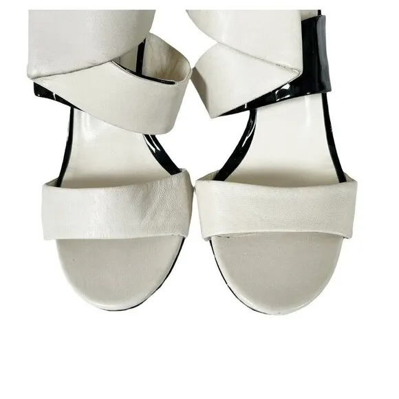 Jimmy Choo Trapeze Pleated Asymmetrical Off White Black Patent Leather Sandals