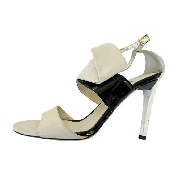 Jimmy Choo Trapeze Pleated Asymmetrical Off White Black Patent Leather Sandals