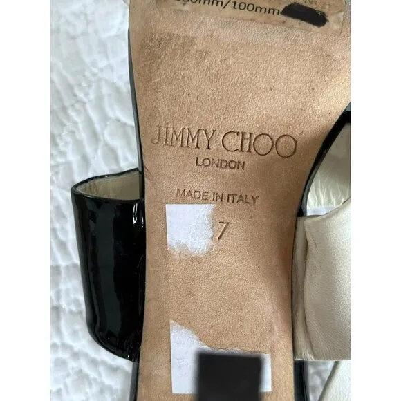 Jimmy Choo Trapeze Pleated Asymmetrical Off White Black Patent Leather Sandals