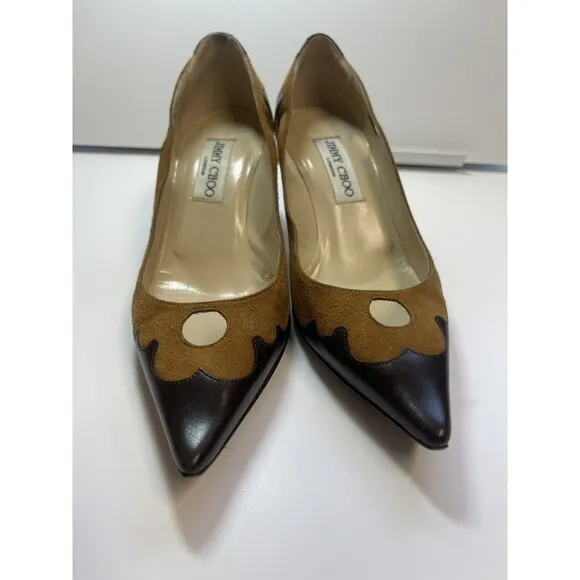 Jimmy Choo Two Tone Suede Leather Cut Out Kitten Heel Pumps Sz 36