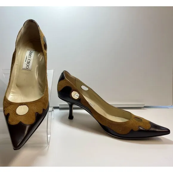 Jimmy Choo Two Tone Suede Leather Cut Out Kitten Heel Pumps Sz 36
