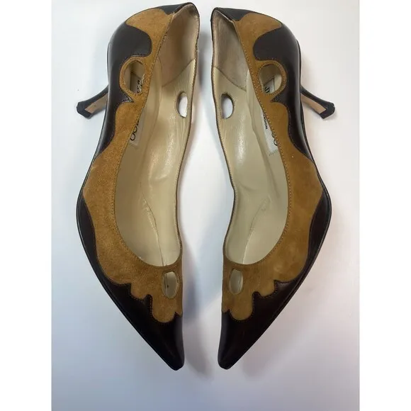 Jimmy Choo Two Tone Suede Leather Cut Out Kitten Heel Pumps Sz 36
