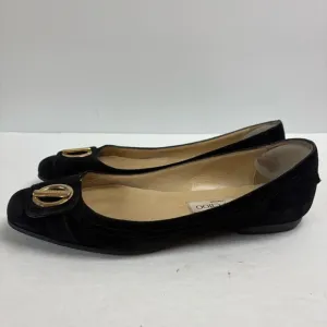 Jimmy Choo Wendy Black Suede Flats Shoes Gold Logo Women’s size 37.5 7.5 Italy