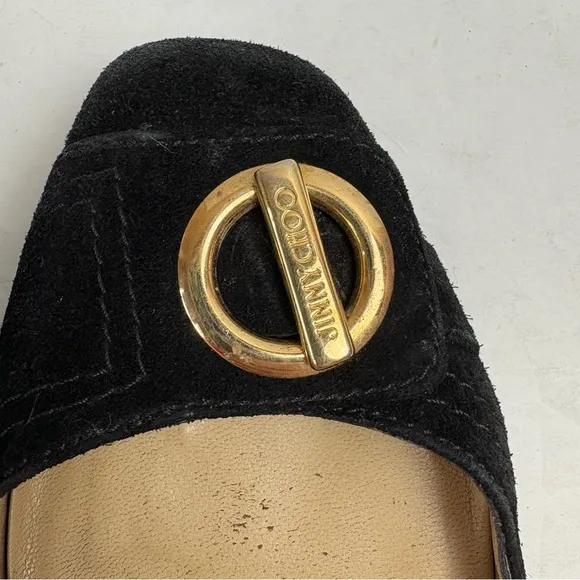Jimmy Choo Wendy Black Suede Flats Shoes Gold Logo Women’s size 37.5 7.5 Italy