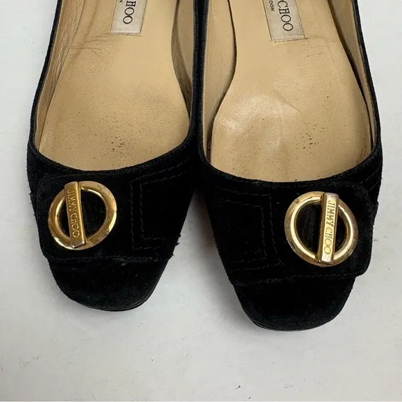 Jimmy Choo Wendy Black Suede Flats Shoes Gold Logo Women’s size 37.5 7.5 Italy
