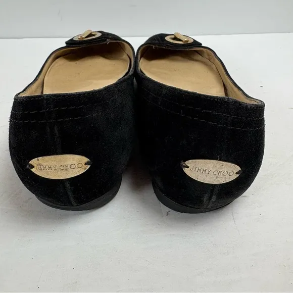 Jimmy Choo Wendy Black Suede Flats Shoes Gold Logo Women’s size 37.5 7.5 Italy