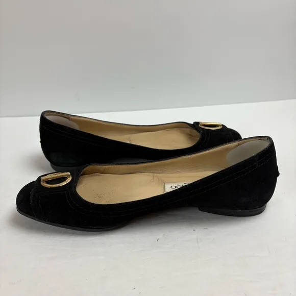 Jimmy Choo Wendy Black Suede Flats Shoes Gold Logo Women’s size 37.5 7.5 Italy