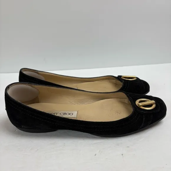 Jimmy Choo Wendy Black Suede Flats Shoes Gold Logo Women’s size 37.5 7.5 Italy