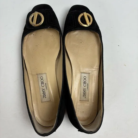 Jimmy Choo Wendy Black Suede Flats Shoes Gold Logo Women’s size 37.5 7.5 Italy