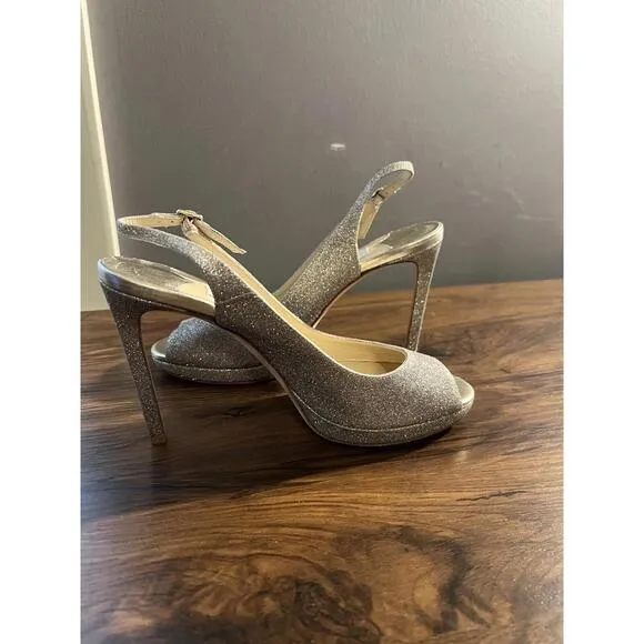 JIMMY CHOO Women's Nova 100 Dusty Gold Glitter High-Heel Sandals EUR 38 US 8
