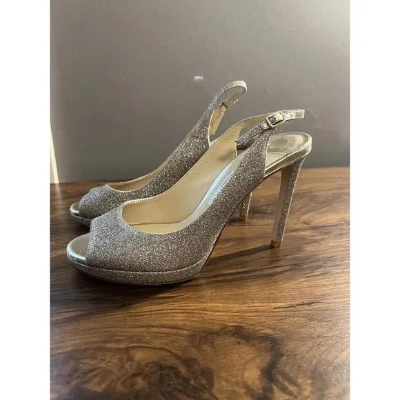 JIMMY CHOO Women's Nova 100 Dusty Gold Glitter High-Heel Sandals EUR 38 US 8