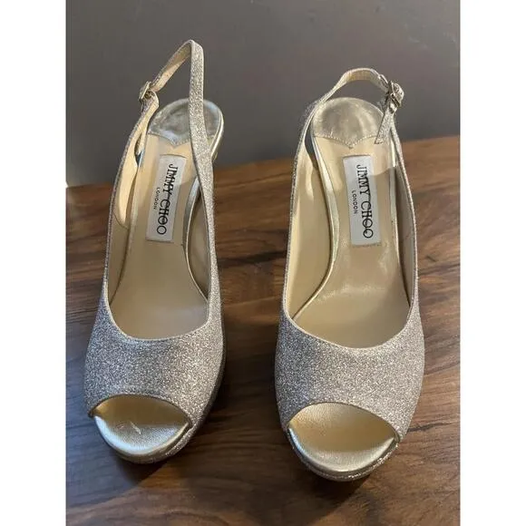 JIMMY CHOO Women's Nova 100 Dusty Gold Glitter High-Heel Sandals EUR 38 US 8