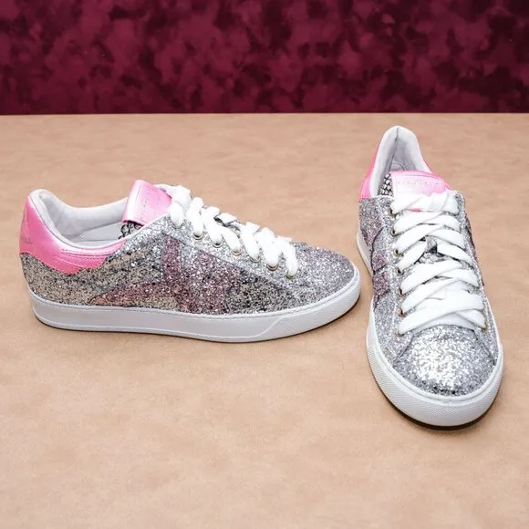 John Richmond Women Grey Pink Glitter Rock&amp;Roll Sneakers sz 7.5US EUR38