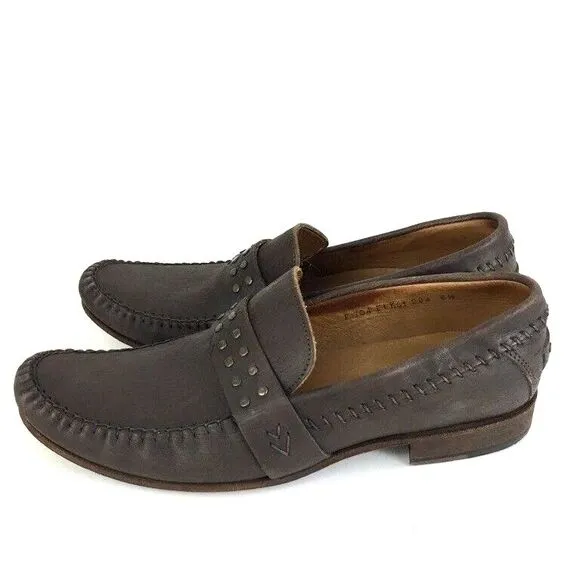 John Varvatos Men's 8.5 Studded Brown Leather Glam Loafers Handmade in Italy