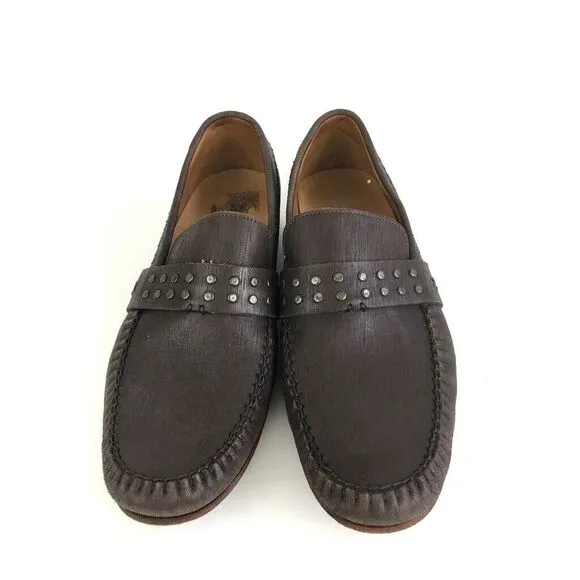John Varvatos Men's 8.5 Studded Brown Leather Glam Loafers Handmade in Italy