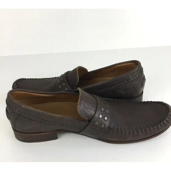 John Varvatos Men's 8.5 Studded Brown Leather Glam Loafers Handmade in Italy