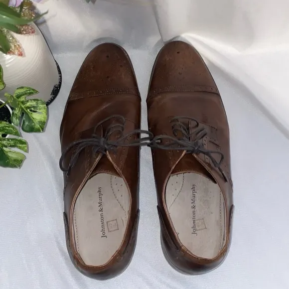 JOHNSTON &amp; MURPHY 1850Cap Toe Oxford Size 10.5 Mens Leather Brown Dress Shoes