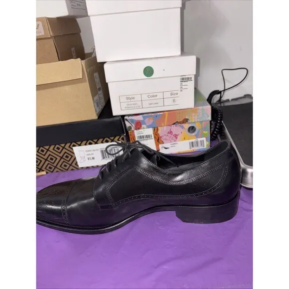 Johnston &amp; Murphy Ellsworth Cap Toe Made in Italy Blk Calfskin Leather 11.5M