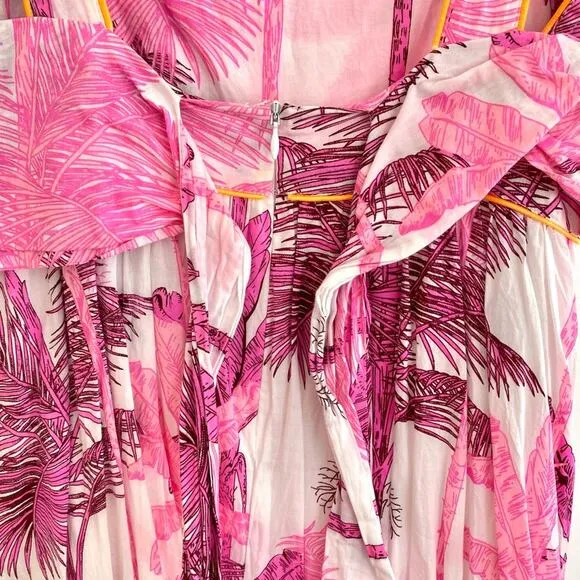 Juliet Dunn Pink Palm Tree Print Sash Back Cotton Tropical Midi Dress Tuckernuck