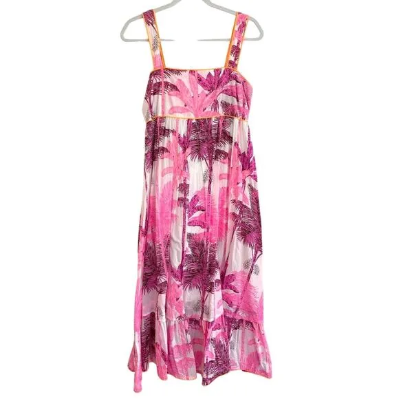 Juliet Dunn Pink Palm Tree Print Sash Back Cotton Tropical Midi Dress Tuckernuck