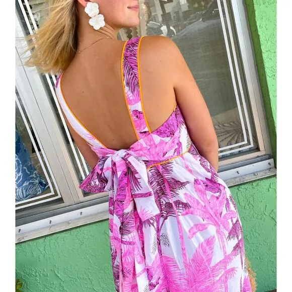 Juliet Dunn Pink Palm Tree Print Sash Back Cotton Tropical Midi Dress Tuckernuck