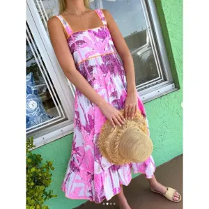 Juliet Dunn Pink Palm Tree Print Sash Back Cotton Tropical Midi Dress Tuckernuck