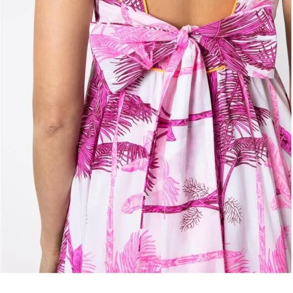 Juliet Dunn Pink Palm Tree Print Sash Back Cotton Tropical Midi Dress Tuckernuck