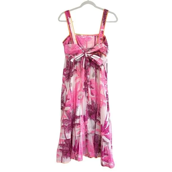 Juliet Dunn Pink Palm Tree Print Sash Back Cotton Tropical Midi Dress Tuckernuck