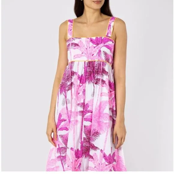 Juliet Dunn Pink Palm Tree Print Sash Back Cotton Tropical Midi Dress Tuckernuck