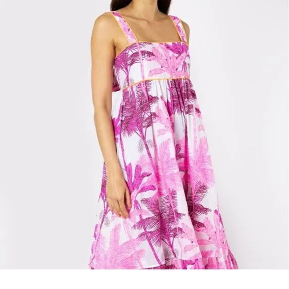 Juliet Dunn Pink Palm Tree Print Sash Back Cotton Tropical Midi Dress Tuckernuck