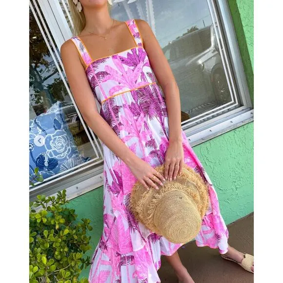 Juliet Dunn Pink Palm Tree Print Sash Back Cotton Tropical Midi Dress Tuckernuck