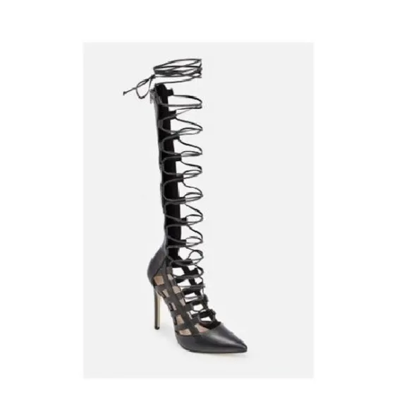 JUSTFAB ESPERANZA KNEE HIGH STRAPPY PUMP - BLACK SIZE 10M (NEW)