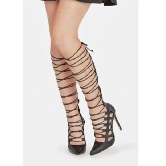 JUSTFAB ESPERANZA KNEE HIGH STRAPPY PUMP - BLACK SIZE 10M (NEW)