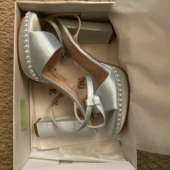 Kailee P Athena Satin Platform Block Heel Wedding Sandals with Pearls