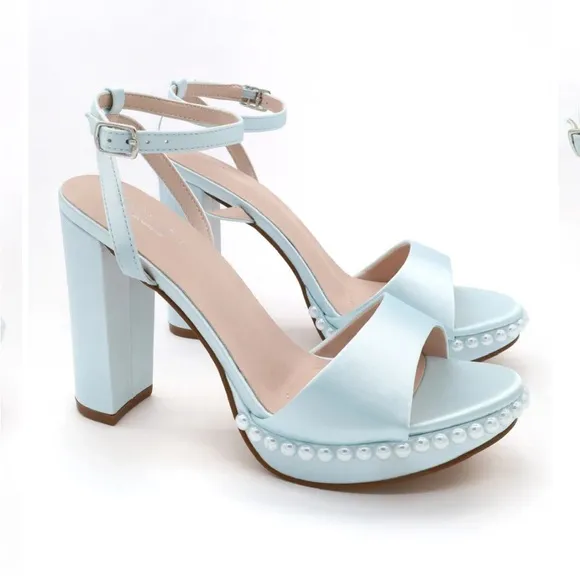 Kailee P Athena Satin Platform Block Heel Wedding Sandals with Pearls