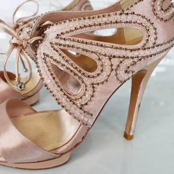 KAREN MILLEN Shoes 36 6 Pink Nude Heels Platform Strappy Beaded Stiletto Sexy