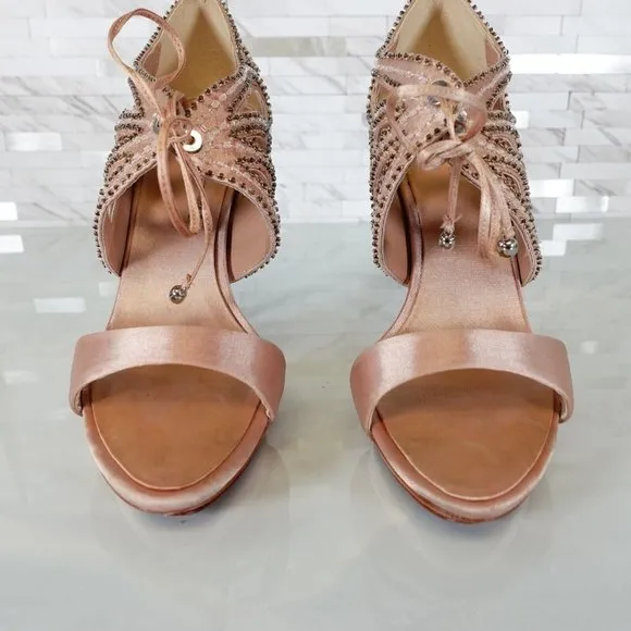 KAREN MILLEN Shoes 36 6 Pink Nude Heels Platform Strappy Beaded Stiletto Sexy
