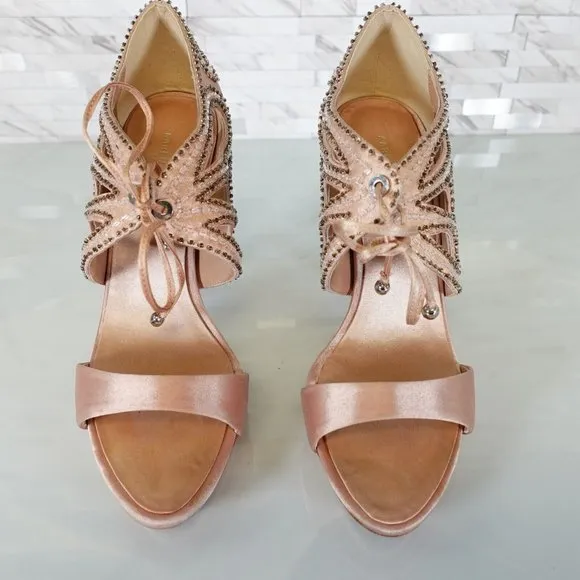 KAREN MILLEN Shoes 36 6 Pink Nude Heels Platform Strappy Beaded Stiletto Sexy