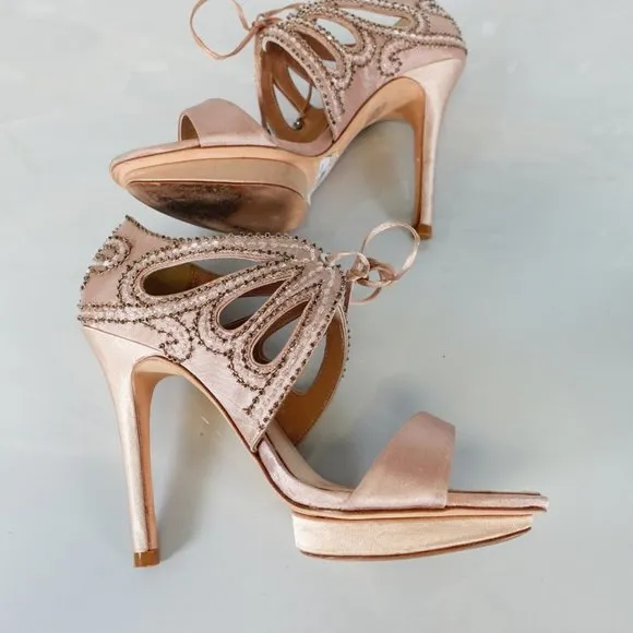 KAREN MILLEN Shoes 36 6 Pink Nude Heels Platform Strappy Beaded Stiletto Sexy