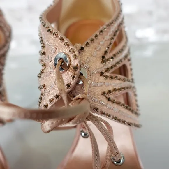 KAREN MILLEN Shoes 36 6 Pink Nude Heels Platform Strappy Beaded Stiletto Sexy