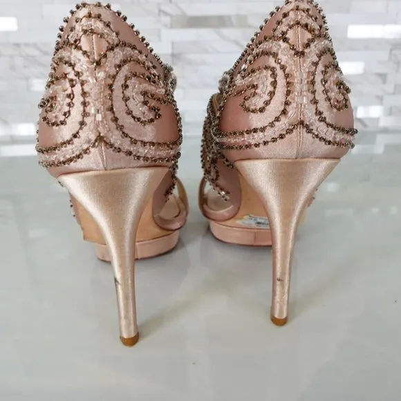 KAREN MILLEN Shoes 36 6 Pink Nude Heels Platform Strappy Beaded Stiletto Sexy