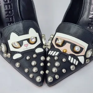 Karl Lagerfeld Paris Studded Cat Calais Black Heels, Women's 6