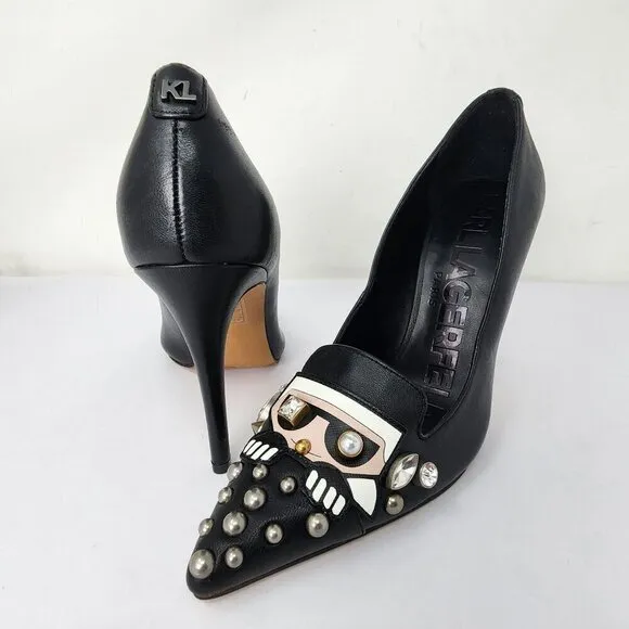 Karl Lagerfeld Paris Studded Cat Calais Black Heels, Women's 6