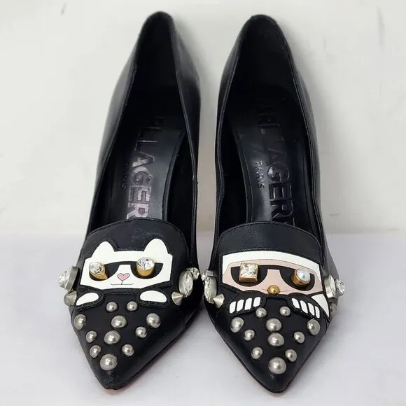 Karl Lagerfeld Paris Studded Cat Calais Black Heels, Women's 6