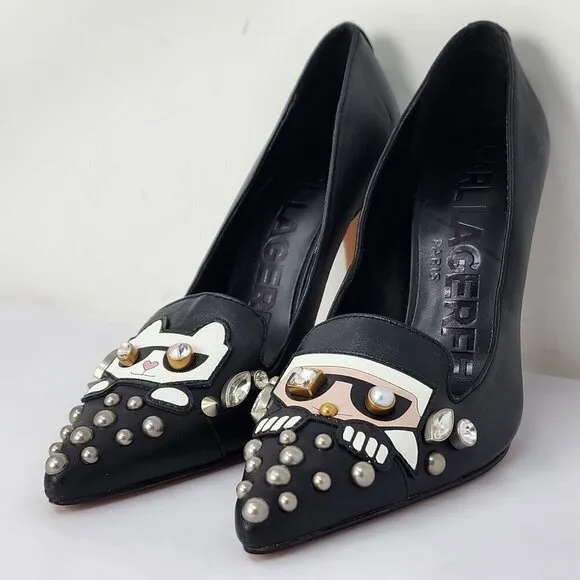 Karl Lagerfeld Paris Studded Cat Calais Black Heels, Women's 6