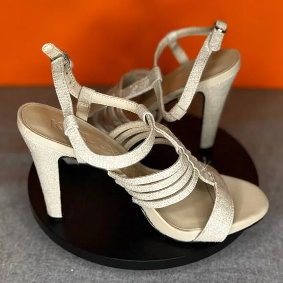 Karl Lagerfield Cicely Tan Natural  Cage Heel Sparkle Glitter Size 6 M EU 36 B