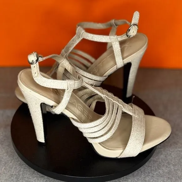 Karl Lagerfield Cicely Tan Natural  Cage Heel Sparkle Glitter Size 6 M EU 36 B