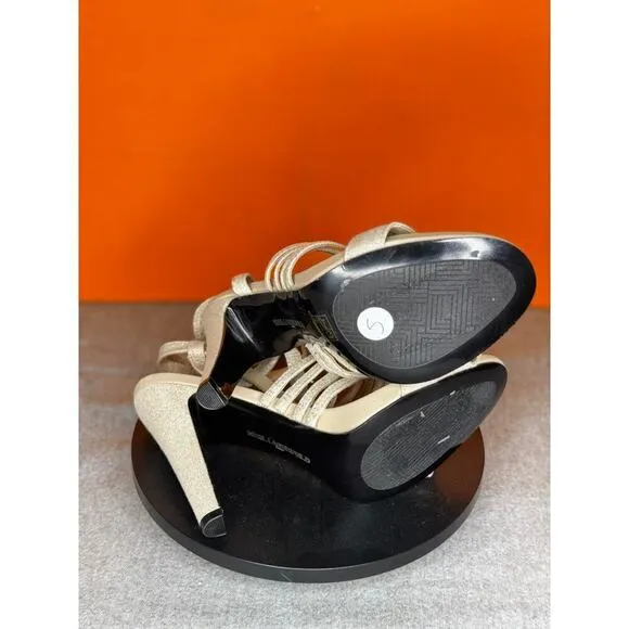 Karl Lagerfield Cicely Tan Natural  Cage Heel Sparkle Glitter Size 6 M EU 36 B
