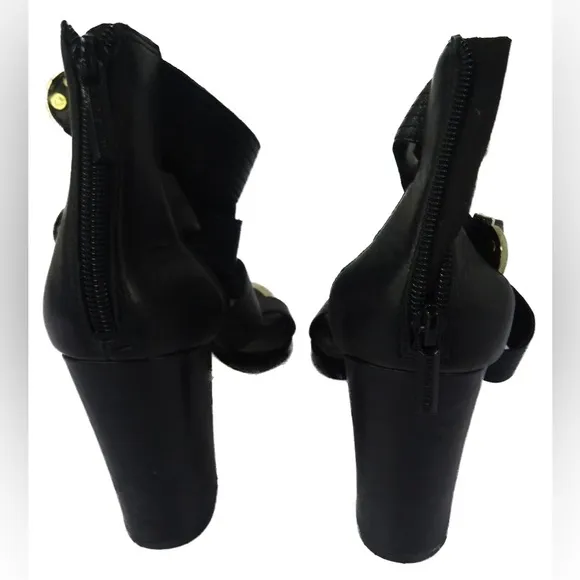 KARL LAGERFIELD PARIS Black w/ Gold Leather Gladiator Chunky Sandals $225 Sz 8.5