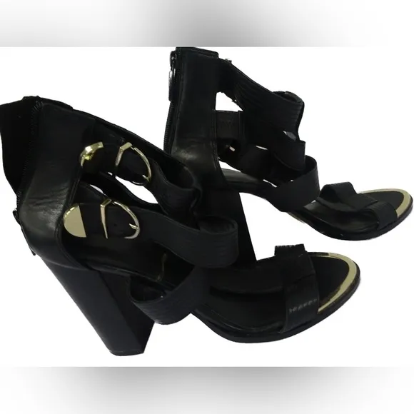 KARL LAGERFIELD PARIS Black w/ Gold Leather Gladiator Chunky Sandals $225 Sz 8.5